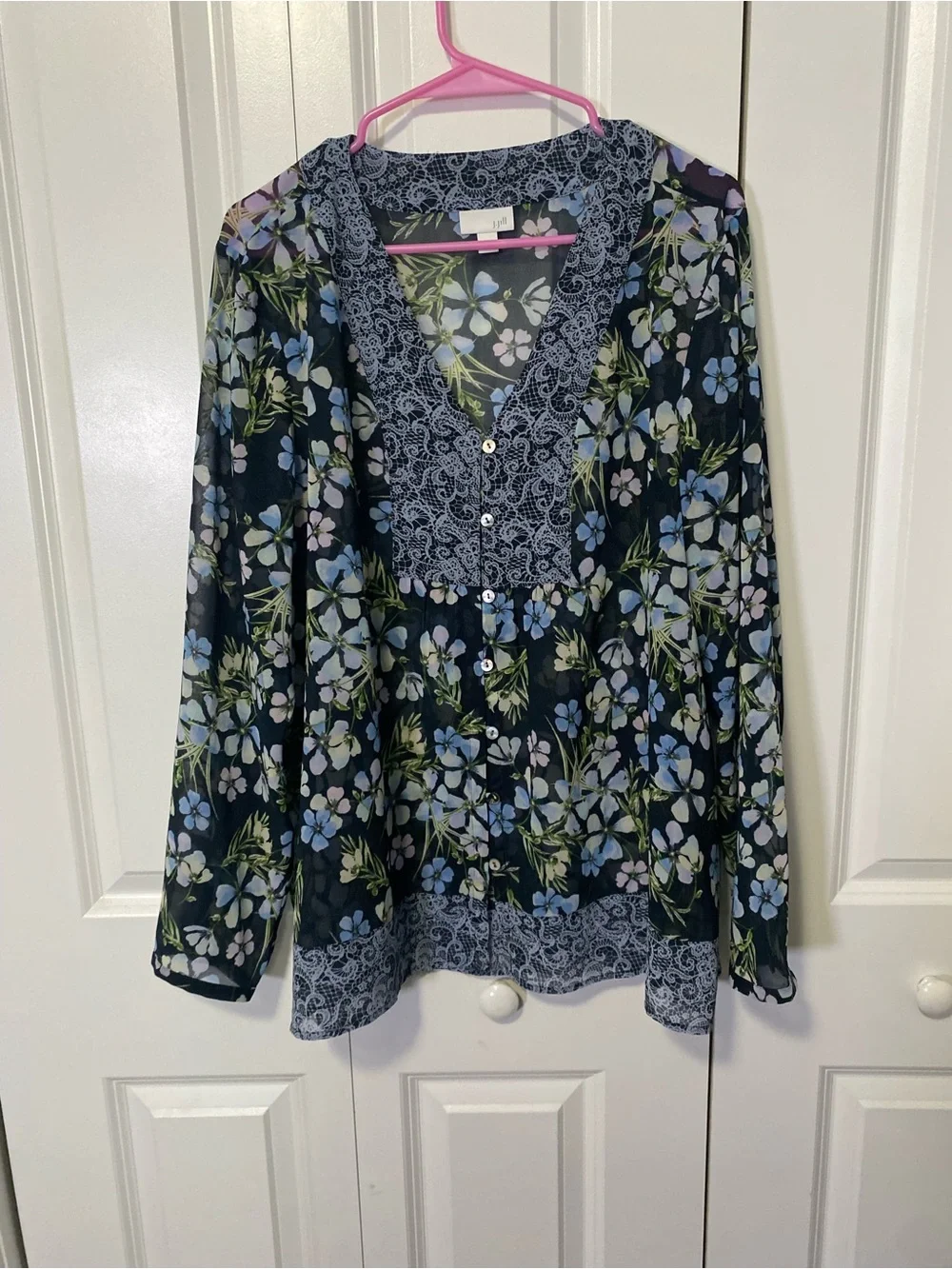 J Jill Navy Floral Lace V-Neck Peasant Blouse